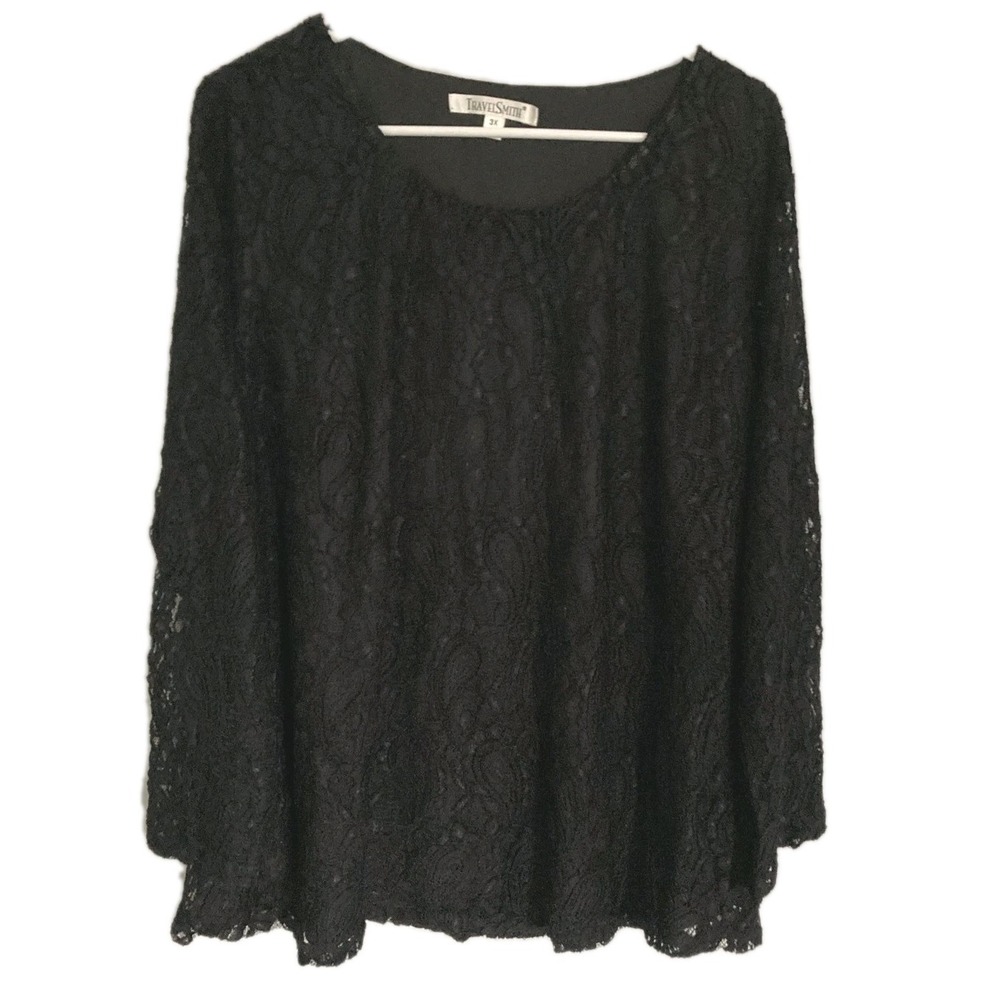 TravelSmith Blouse Women 3X Blk Lace Paisley Scoop Neck Long Sleeve Lined Top